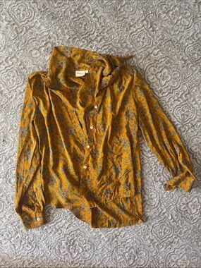 Women’s 100% Silk Floral Button-Up Blouse - Mustard Yellow